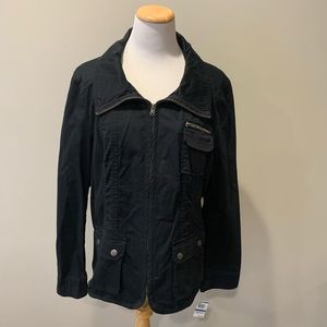 Black casual zip front, long sleeve jacket with pockets